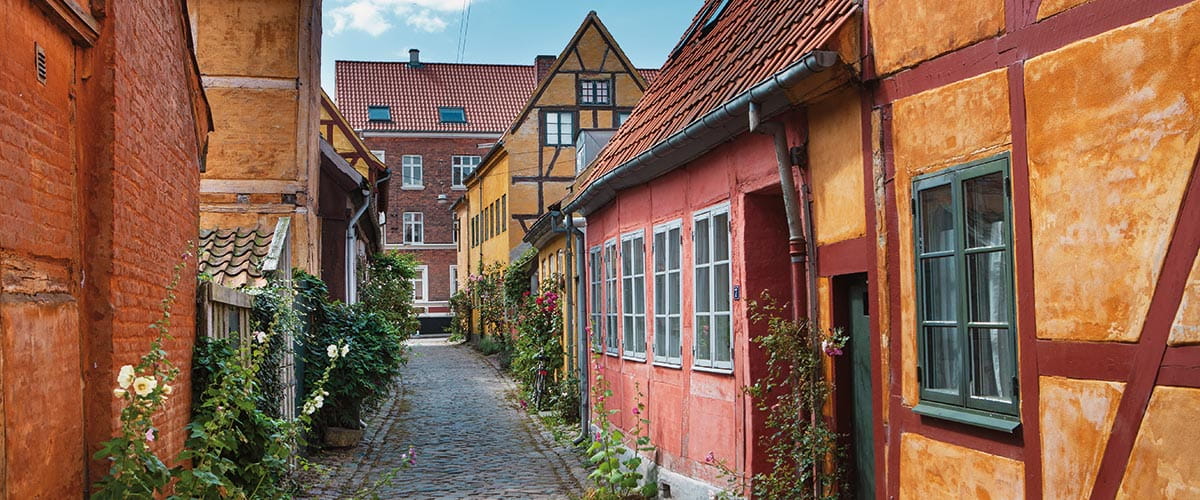 A view down a street of historic houses in Helsingør, Denmark
